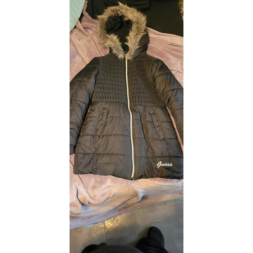 Guess Girls Black Puffer Parka Jacket Faux Fur Hood Smocked Size M 10-12